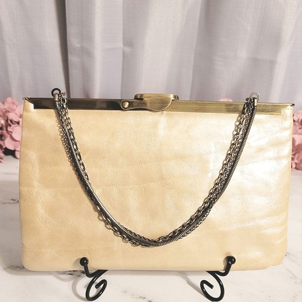 HOBO Int'l Gorgeous Champagne Color Leather Clutch with Wristlet Chain Straps